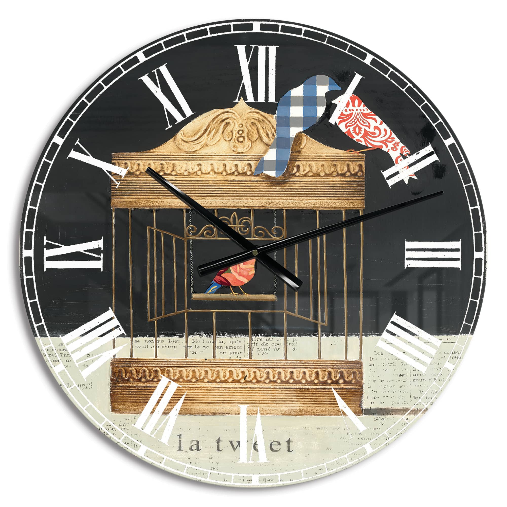 Designart Tweet Gold Birdcage Collage Wall Clock